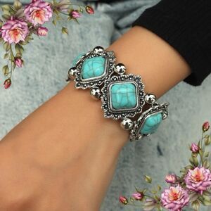 Bead Decor Vintage Fake Turquoise Stone‎ Zinc Alloy Bracelet